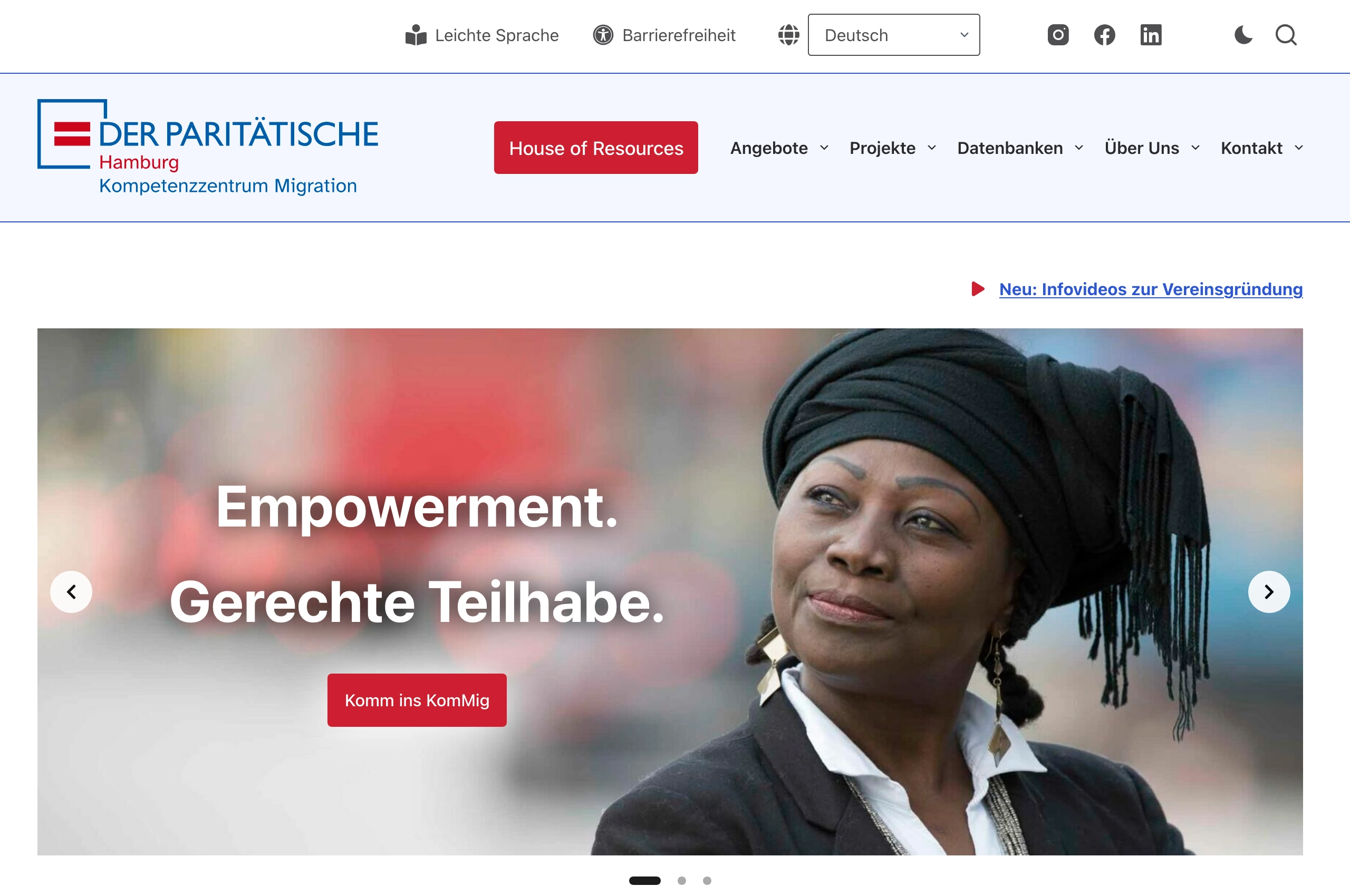 Website des Paritätischen Kompetenzzentrums Migration (KomMig)